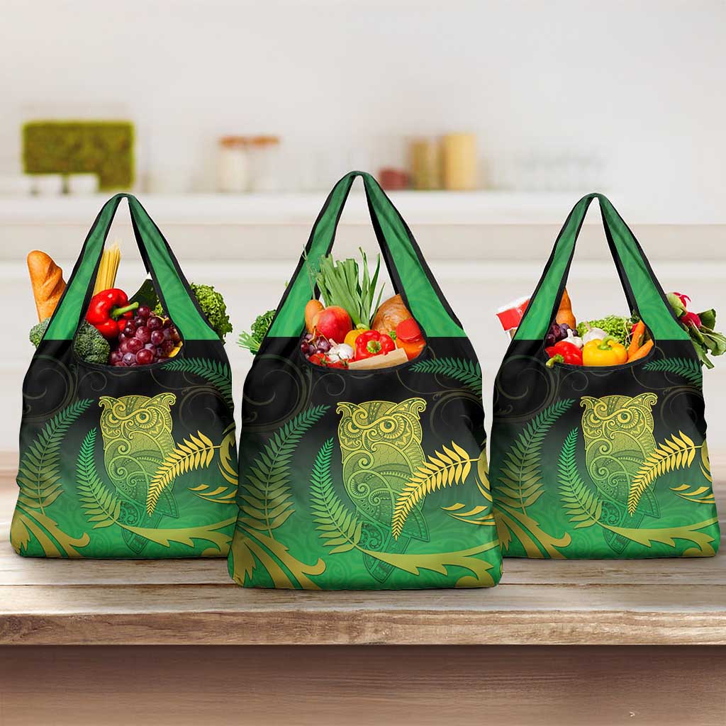 New Zealand Aotearoa Ruru Grocery Bag Maori Fern Art Green LT05 3-pack One Size Green - Polynesian Pride