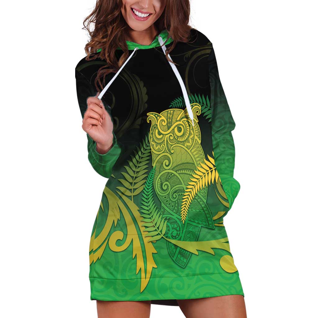 New Zealand Aotearoa Ruru Hoodie Dress Maori Fern Art Green LT05 Green - Polynesian Pride