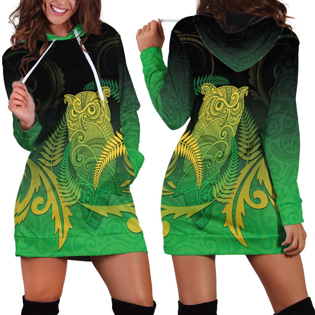 New Zealand Aotearoa Ruru Hoodie Dress Maori Fern Art Green LT05 - Polynesian Pride