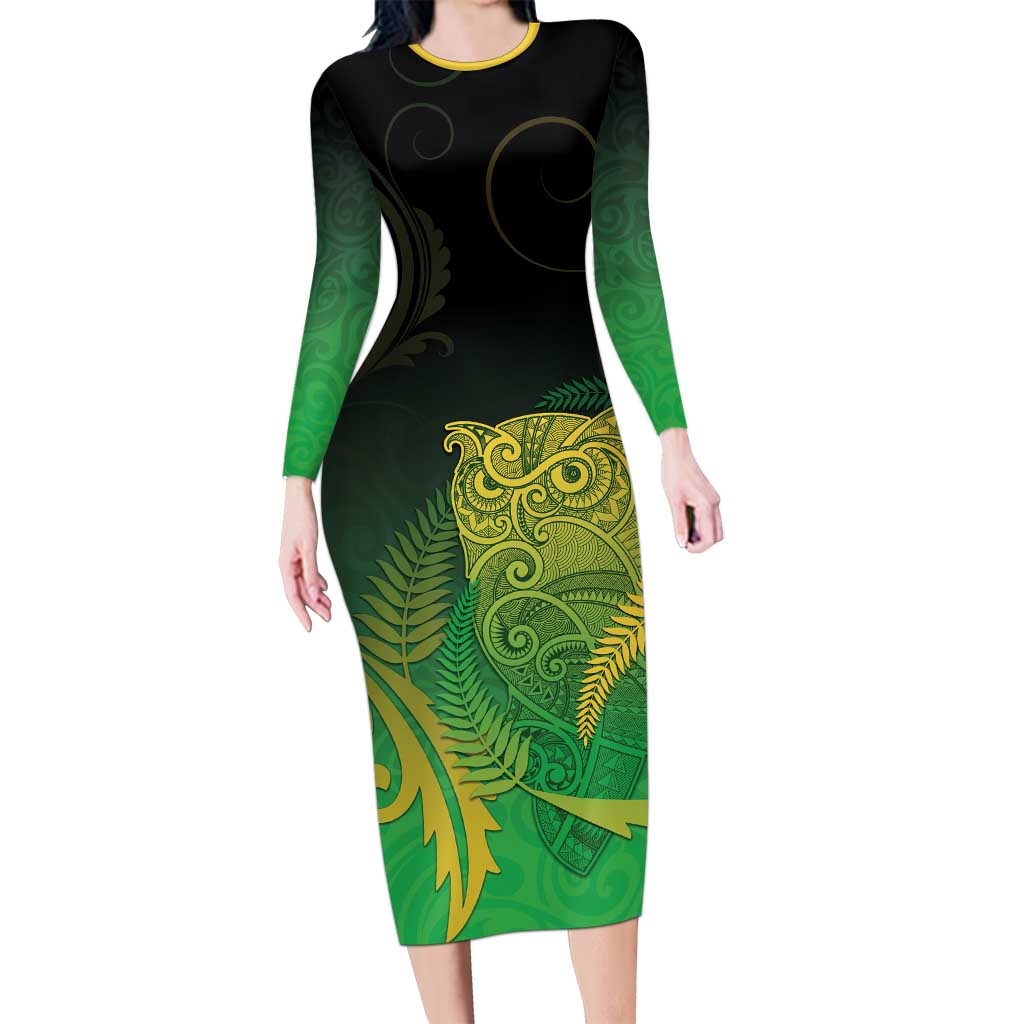 New Zealand Aotearoa Ruru Long Sleeve Bodycon Dress Maori Fern Art Green LT05 Long Dress Green - Polynesian Pride