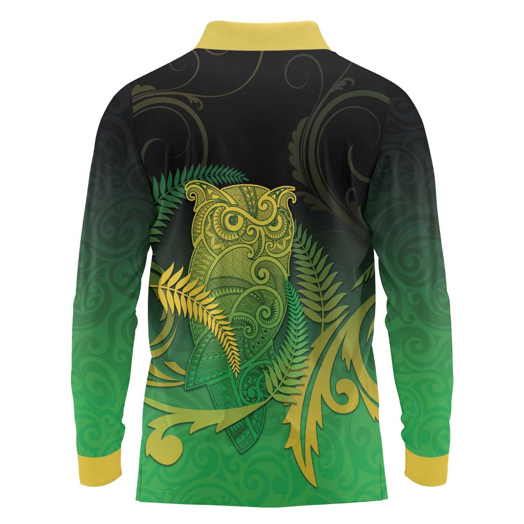 New Zealand Aotearoa Ruru Long Sleeve Polo Shirt Maori Fern Art Green LT05 - Polynesian Pride