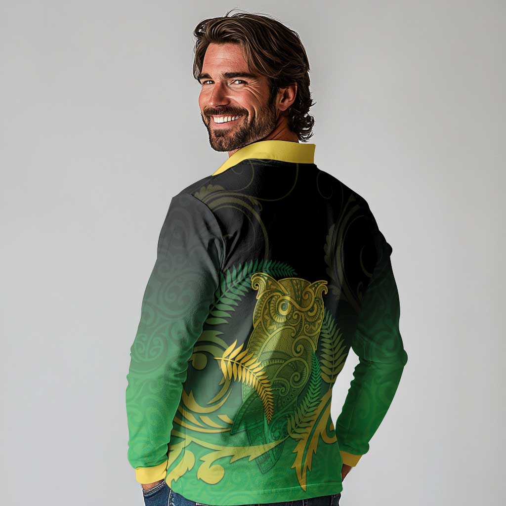 New Zealand Aotearoa Ruru Long Sleeve Polo Shirt Maori Fern Art Green LT05 - Polynesian Pride