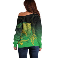 New Zealand Aotearoa Ruru Off Shoulder Sweater Maori Fern Art Green LT05 - Polynesian Pride
