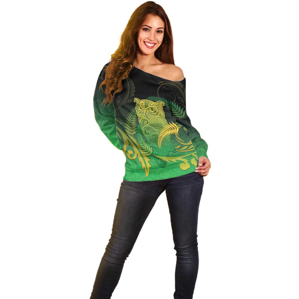 New Zealand Aotearoa Ruru Off Shoulder Sweater Maori Fern Art Green LT05 - Polynesian Pride