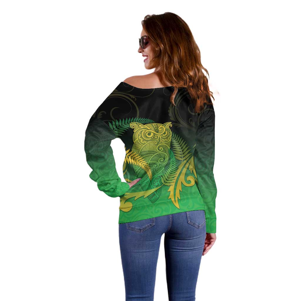 New Zealand Aotearoa Ruru Off Shoulder Sweater Maori Fern Art Green LT05 - Polynesian Pride