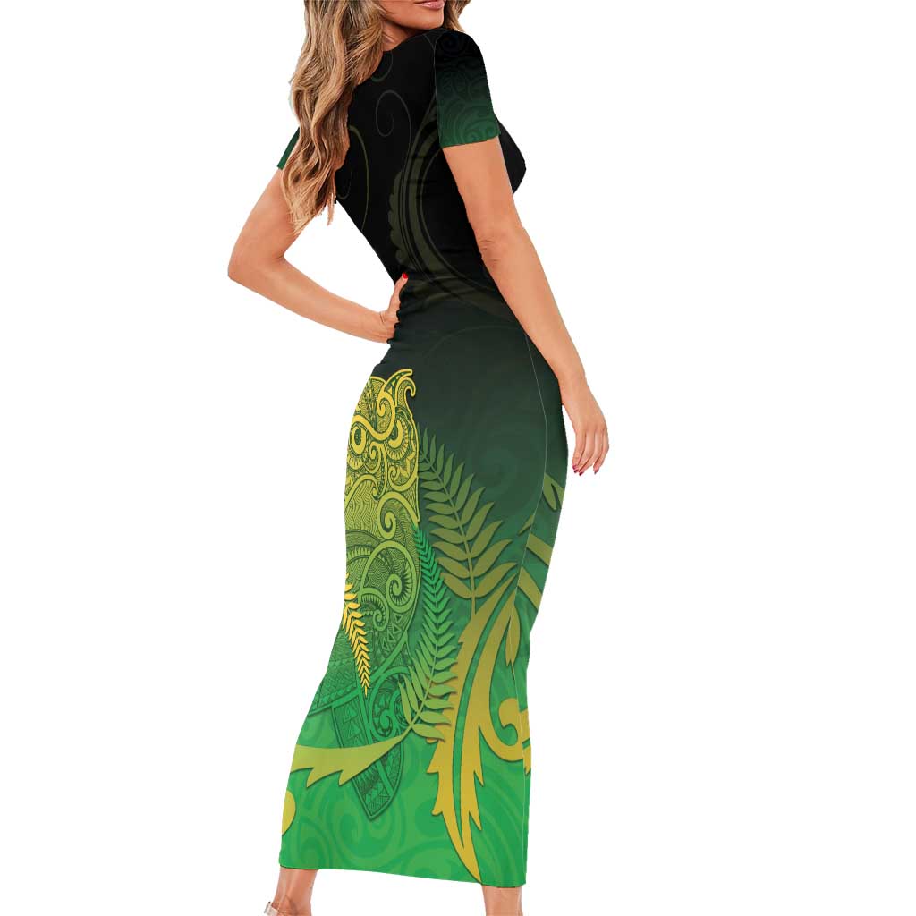 New Zealand Aotearoa Ruru Short Sleeve Bodycon Dress Maori Fern Art Green LT05 - Polynesian Pride