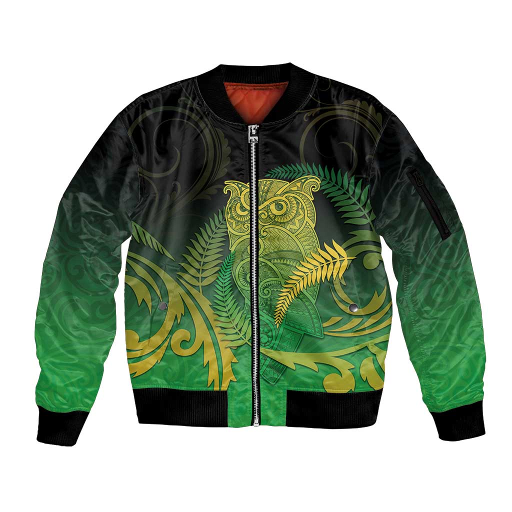 New Zealand Aotearoa Ruru Sleeve Zip Bomber Jacket Maori Fern Art Green LT05 Unisex Green - Polynesian Pride