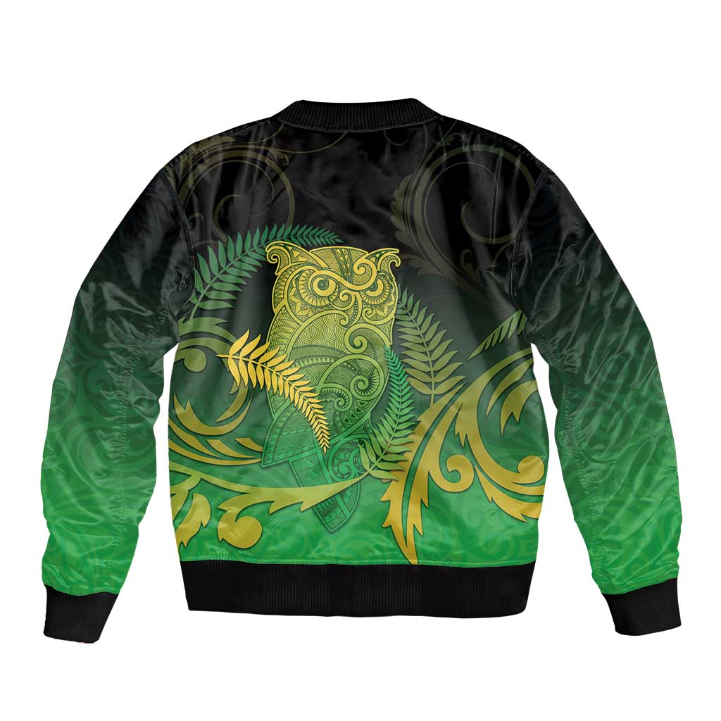 New Zealand Aotearoa Ruru Sleeve Zip Bomber Jacket Maori Fern Art Green LT05 - Polynesian Pride