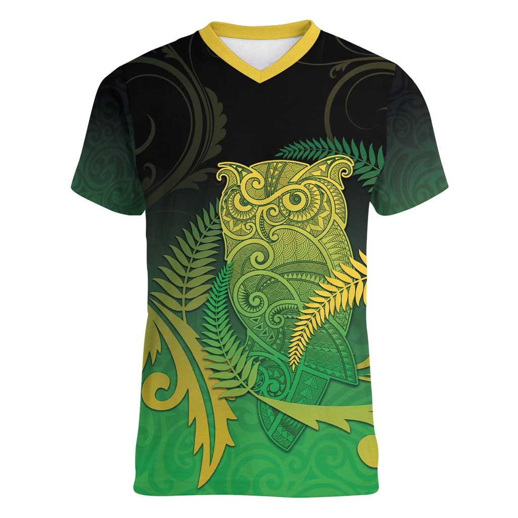 New Zealand Aotearoa Ruru Women V-Neck T-Shirt Maori Fern Art Green LT05 Female Green - Polynesian Pride
