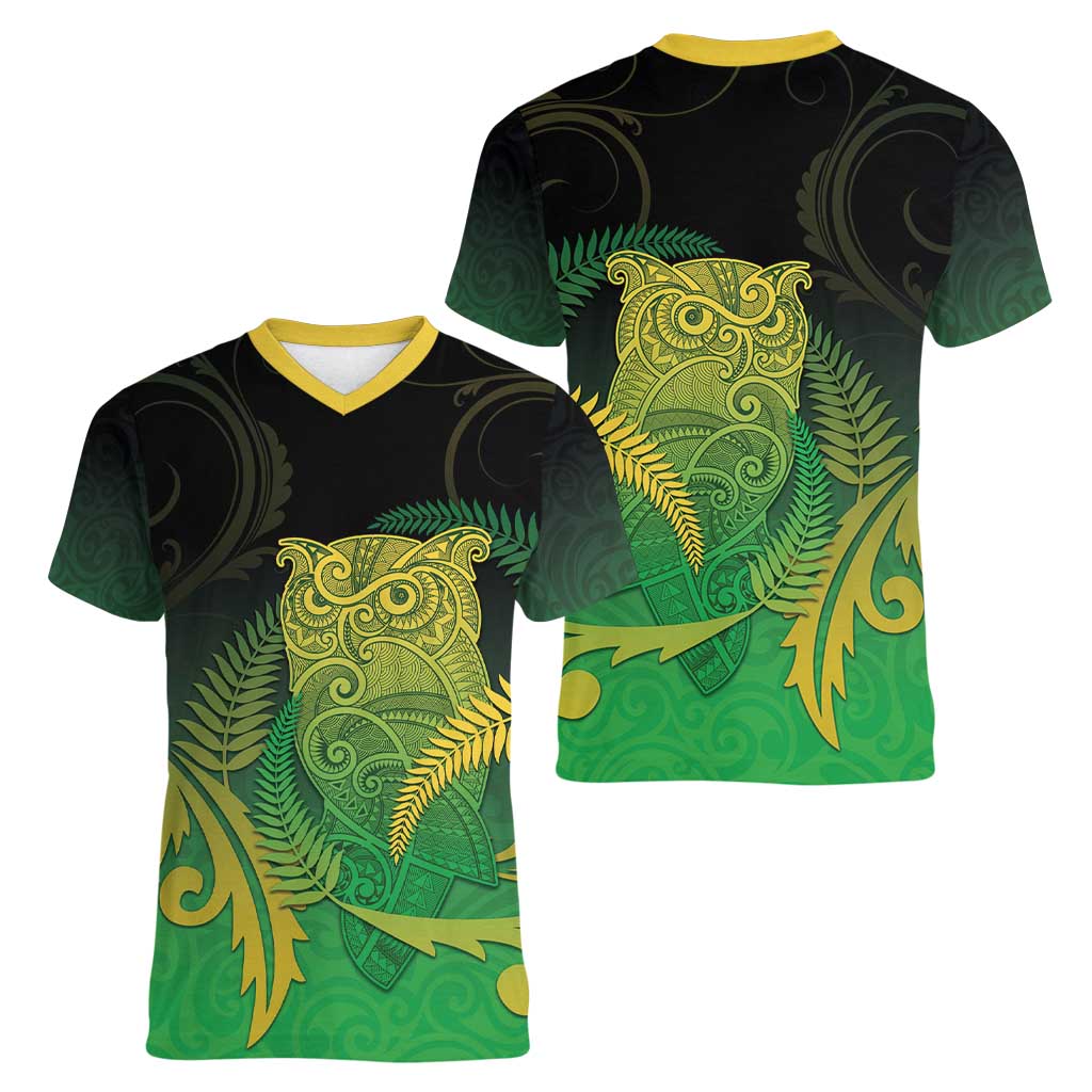 New Zealand Aotearoa Ruru Women V-Neck T-Shirt Maori Fern Art Green LT05 - Polynesian Pride