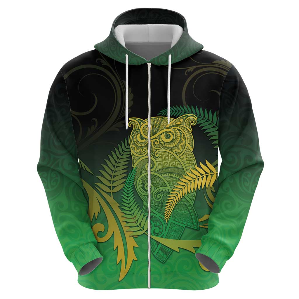 New Zealand Aotearoa Ruru Zip Hoodie Maori Fern Art Green LT05 - Polynesian Pride