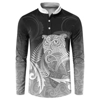 New Zealand Aotearoa Ruru Button Sweatshirt Maori Fern Art Black LT05 Black - Polynesian Pride