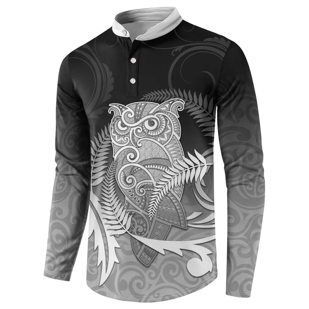 New Zealand Aotearoa Ruru Button Sweatshirt Maori Fern Art Black LT05 - Polynesian Pride