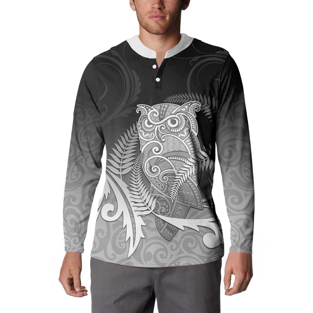 New Zealand Aotearoa Ruru Button Sweatshirt Maori Fern Art Black LT05 - Polynesian Pride