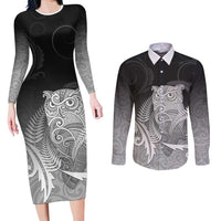New Zealand Aotearoa Ruru Couples Matching Long Sleeve Bodycon Dress and Long Sleeve Button Shirt Maori Fern Art Black LT05 Black - Polynesian Pride
