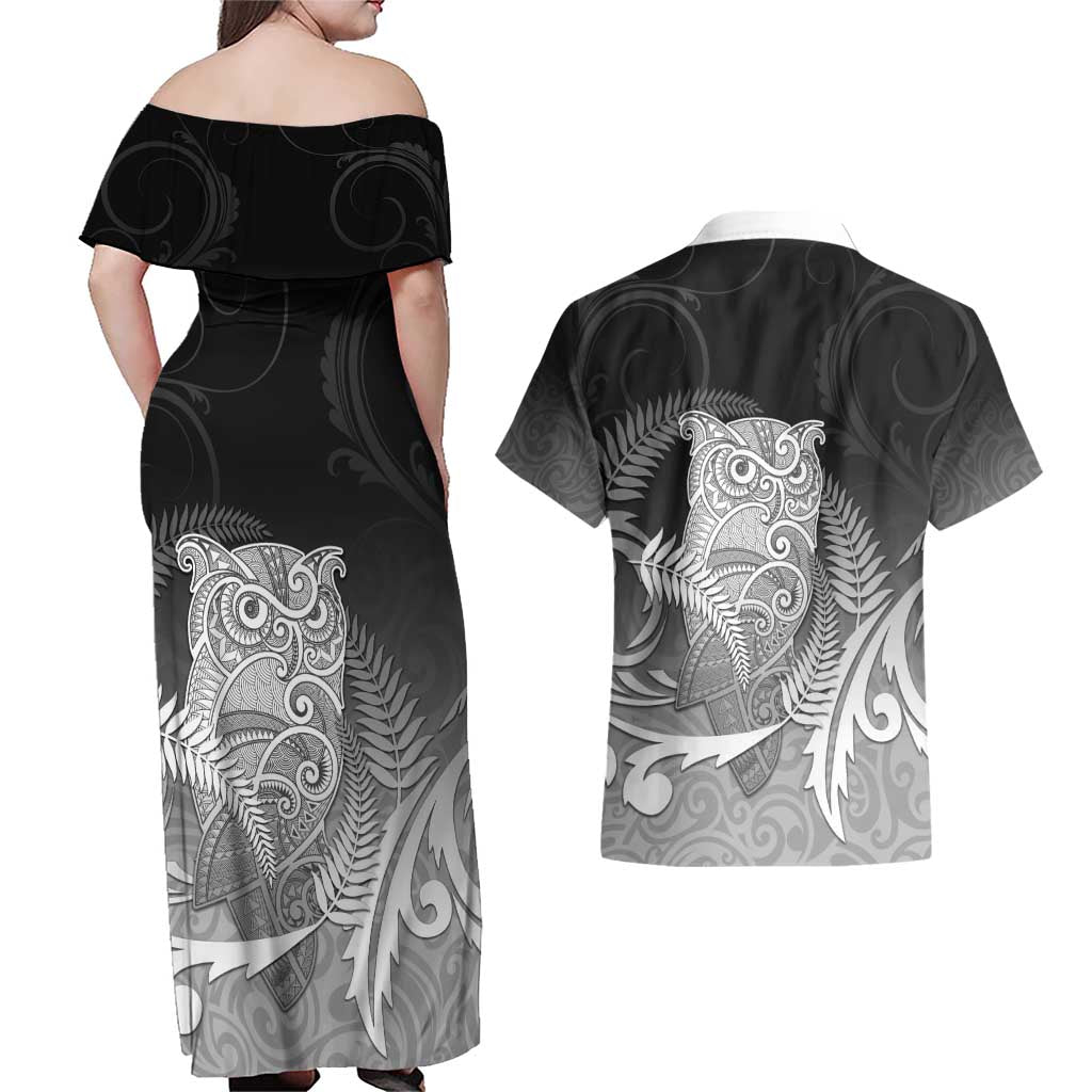 New Zealand Aotearoa Ruru Couples Matching Off Shoulder Maxi Dress and Hawaiian Shirt Maori Fern Art Black LT05 - Polynesian Pride