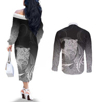 New Zealand Aotearoa Ruru Couples Matching Off The Shoulder Long Sleeve Dress and Long Sleeve Button Shirt Maori Fern Art Black LT05 - Polynesian Pride