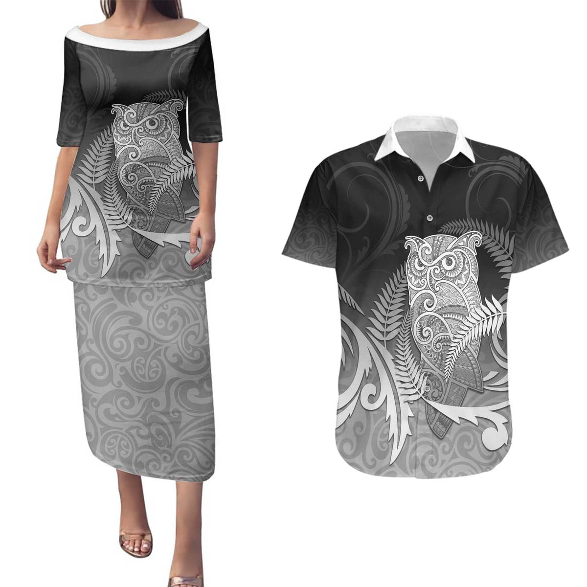 New Zealand Aotearoa Ruru Couples Matching Puletasi and Hawaiian Shirt Maori Fern Art Black LT05 Black - Polynesian Pride