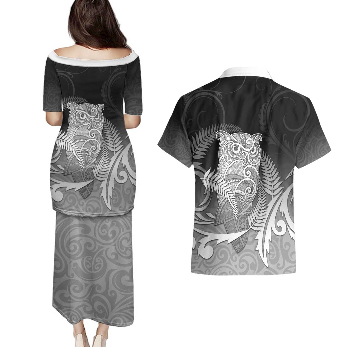 New Zealand Aotearoa Ruru Couples Matching Puletasi and Hawaiian Shirt Maori Fern Art Black LT05 - Polynesian Pride