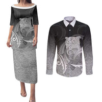 New Zealand Aotearoa Ruru Couples Matching Puletasi and Long Sleeve Button Shirt Maori Fern Art Black LT05 Black - Polynesian Pride