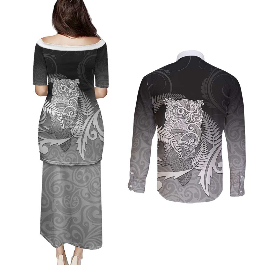 New Zealand Aotearoa Ruru Couples Matching Puletasi and Long Sleeve Button Shirt Maori Fern Art Black LT05 - Polynesian Pride