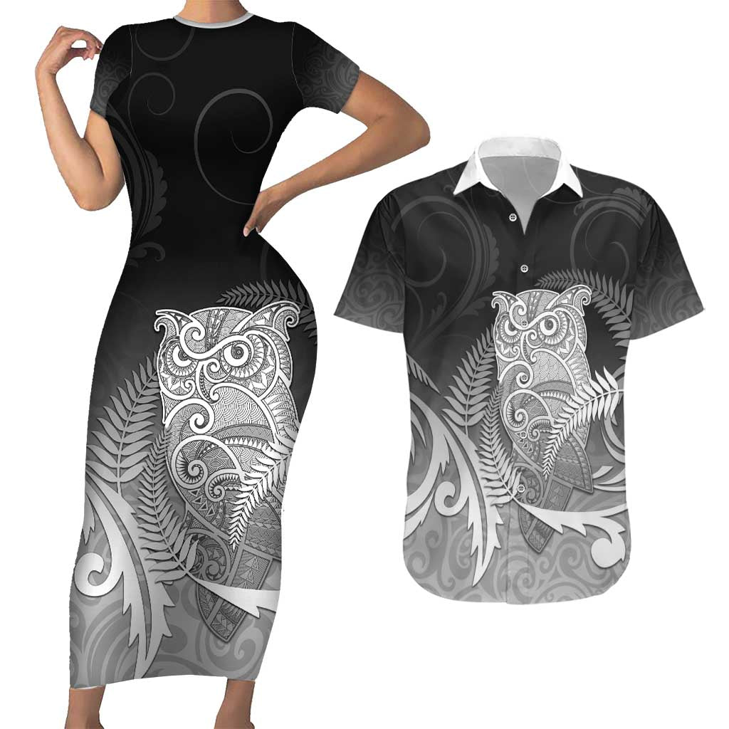 New Zealand Aotearoa Ruru Couples Matching Short Sleeve Bodycon Dress and Hawaiian Shirt Maori Fern Art Black LT05 Black - Polynesian Pride