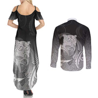 New Zealand Aotearoa Ruru Couples Matching Summer Maxi Dress and Long Sleeve Button Shirt Maori Fern Art Black LT05 - Polynesian Pride