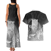 New Zealand Aotearoa Ruru Couples Matching Tank Maxi Dress and Hawaiian Shirt Maori Fern Art Black LT05 - Polynesian Pride