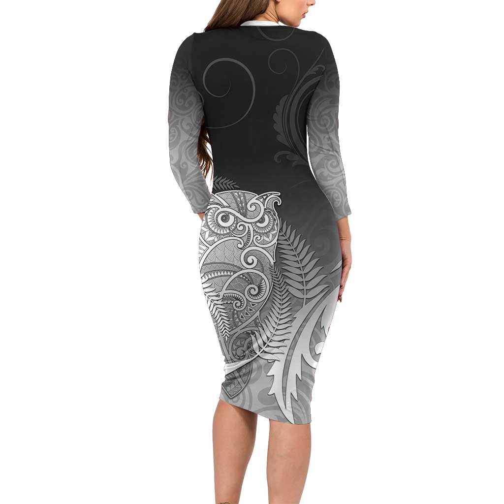 New Zealand Aotearoa Ruru Family Matching Long Sleeve Bodycon Dress and Hawaiian Shirt Maori Fern Art Black LT05 - Polynesian Pride