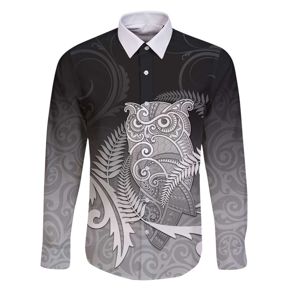 New Zealand Aotearoa Ruru Family Matching Mermaid Dress and Hawaiian Shirt Maori Fern Art Black LT05 Dad's Shirt - Long Sleeve Black - Polynesian Pride
