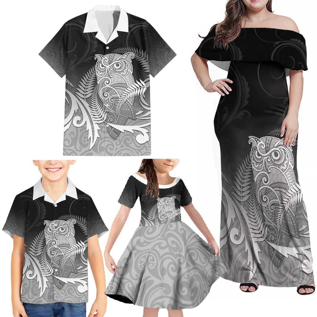 New Zealand Aotearoa Ruru Family Matching Off Shoulder Maxi Dress and Hawaiian Shirt Maori Fern Art Black LT05 - Polynesian Pride