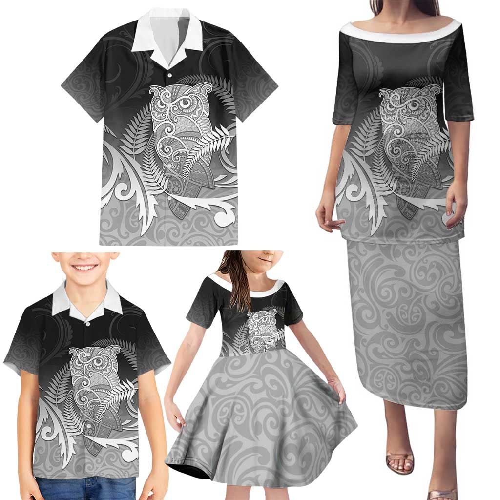 New Zealand Aotearoa Ruru Family Matching Puletasi and Hawaiian Shirt Maori Fern Art Black LT05 - Polynesian Pride