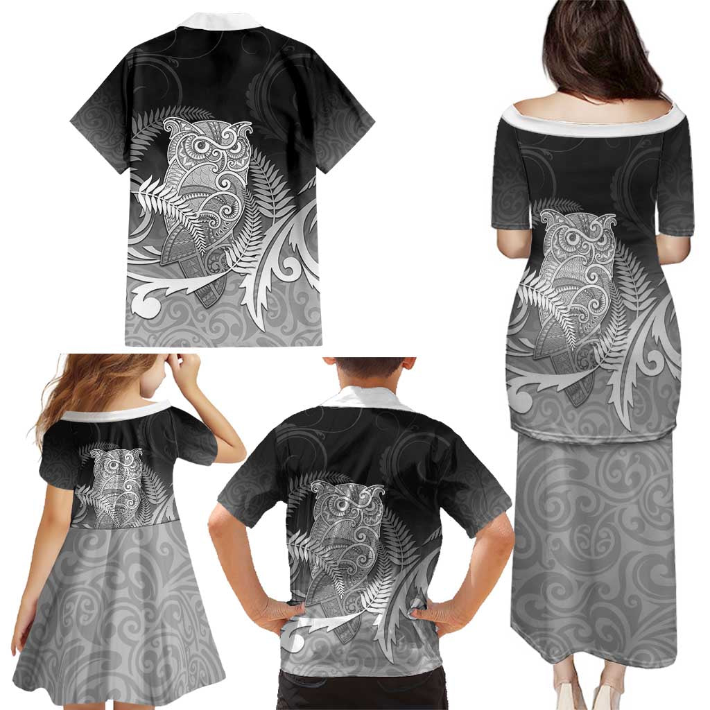 New Zealand Aotearoa Ruru Family Matching Puletasi and Hawaiian Shirt Maori Fern Art Black LT05 - Polynesian Pride
