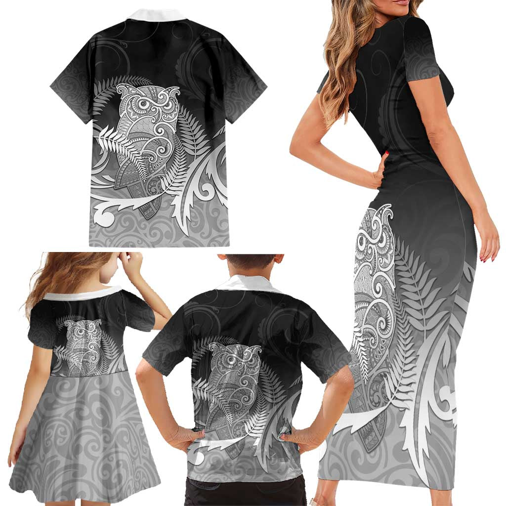 New Zealand Aotearoa Ruru Family Matching Short Sleeve Bodycon Dress and Hawaiian Shirt Maori Fern Art Black LT05 - Polynesian Pride