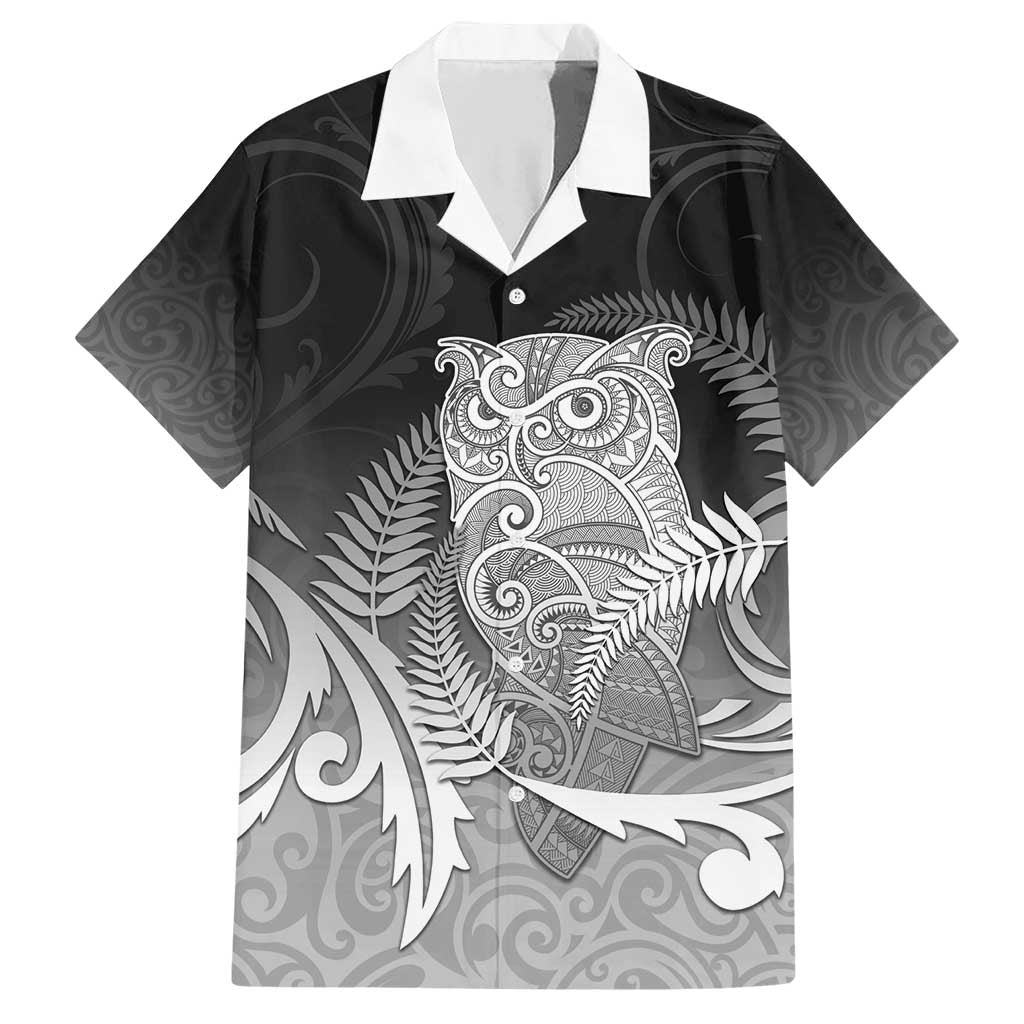 New Zealand Aotearoa Ruru Family Matching Short Sleeve Bodycon Dress and Hawaiian Shirt Maori Fern Art Black LT05 Dad's Shirt - Short Sleeve Black - Polynesian Pride