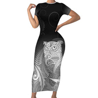 New Zealand Aotearoa Ruru Family Matching Short Sleeve Bodycon Dress and Hawaiian Shirt Maori Fern Art Black LT05 Mom's Dress Black - Polynesian Pride