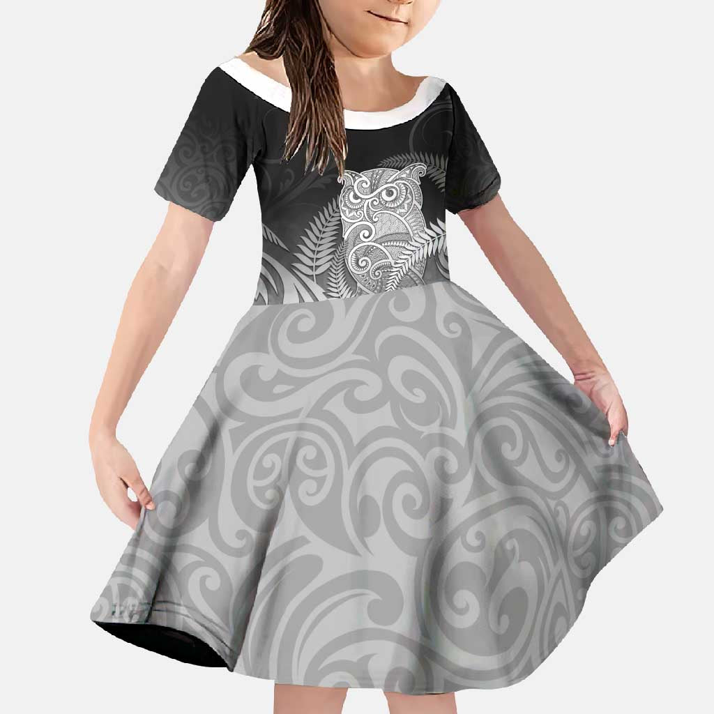 New Zealand Aotearoa Ruru Family Matching Summer Maxi Dress and Hawaiian Shirt Maori Fern Art Black LT05 Daughter's Dress Black - Polynesian Pride