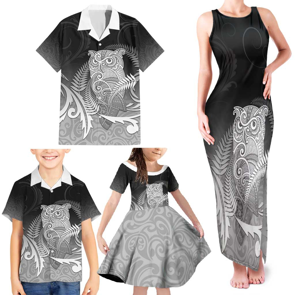 New Zealand Aotearoa Ruru Family Matching Tank Maxi Dress and Hawaiian Shirt Maori Fern Art Black LT05 - Polynesian Pride