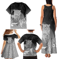 New Zealand Aotearoa Ruru Family Matching Tank Maxi Dress and Hawaiian Shirt Maori Fern Art Black LT05 - Polynesian Pride