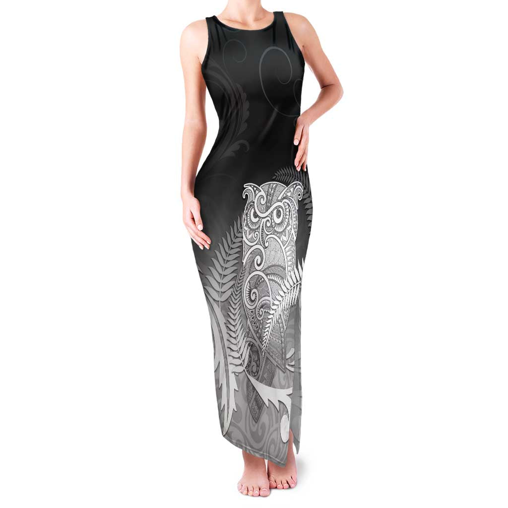 New Zealand Aotearoa Ruru Family Matching Tank Maxi Dress and Hawaiian Shirt Maori Fern Art Black LT05 Mom's Dress Black - Polynesian Pride