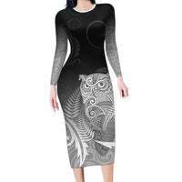 New Zealand Aotearoa Ruru Long Sleeve Bodycon Dress Maori Fern Art Black LT05 Long Dress Black - Polynesian Pride
