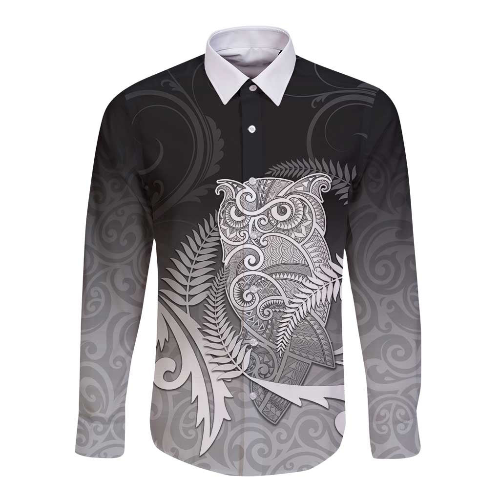 New Zealand Aotearoa Ruru Long Sleeve Button Shirt Maori Fern Art Black LT05 Unisex Black - Polynesian Pride