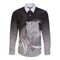 New Zealand Aotearoa Ruru Long Sleeve Button Shirt Maori Fern Art Black LT05 Unisex Black - Polynesian Pride