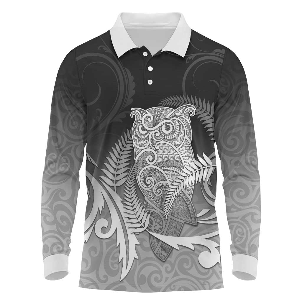 New Zealand Aotearoa Ruru Long Sleeve Polo Shirt Maori Fern Art Black LT05 Black - Polynesian Pride