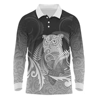 New Zealand Aotearoa Ruru Long Sleeve Polo Shirt Maori Fern Art Black LT05 Black - Polynesian Pride