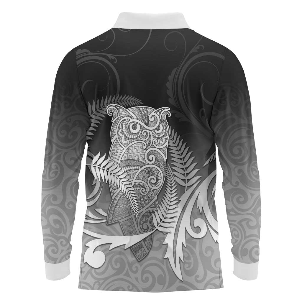 New Zealand Aotearoa Ruru Long Sleeve Polo Shirt Maori Fern Art Black LT05 - Polynesian Pride