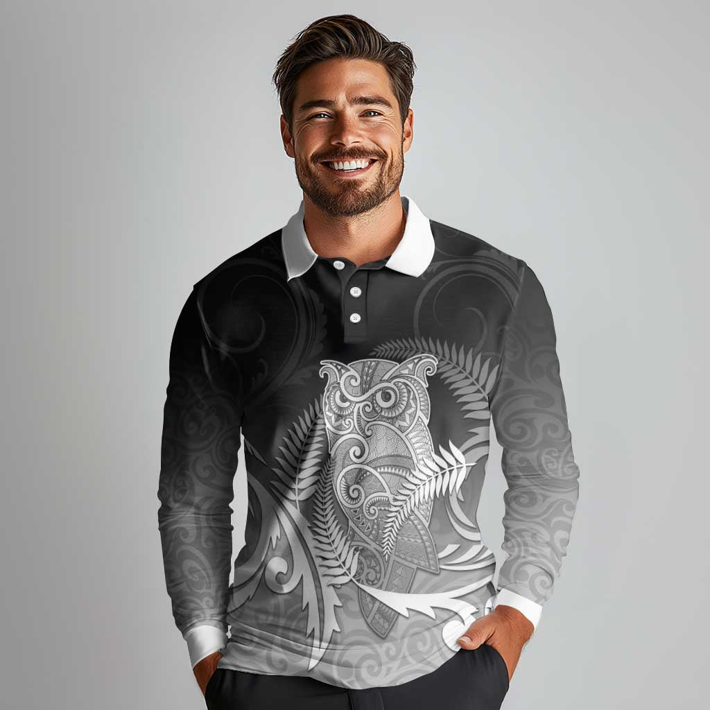 New Zealand Aotearoa Ruru Long Sleeve Polo Shirt Maori Fern Art Black LT05 - Polynesian Pride