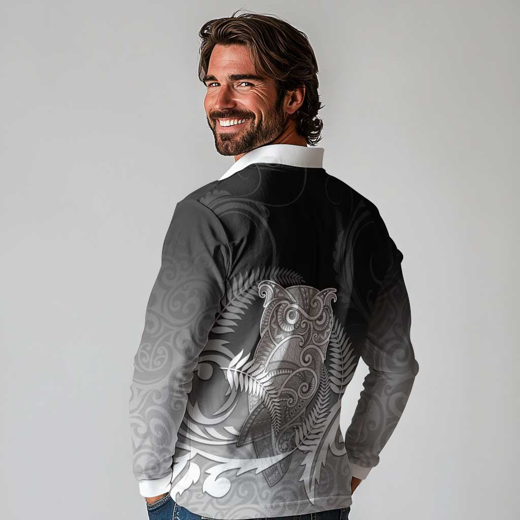 New Zealand Aotearoa Ruru Long Sleeve Polo Shirt Maori Fern Art Black LT05 - Polynesian Pride