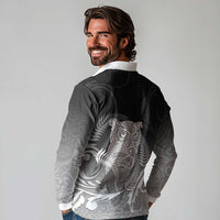New Zealand Aotearoa Ruru Long Sleeve Polo Shirt Maori Fern Art Black LT05 - Polynesian Pride