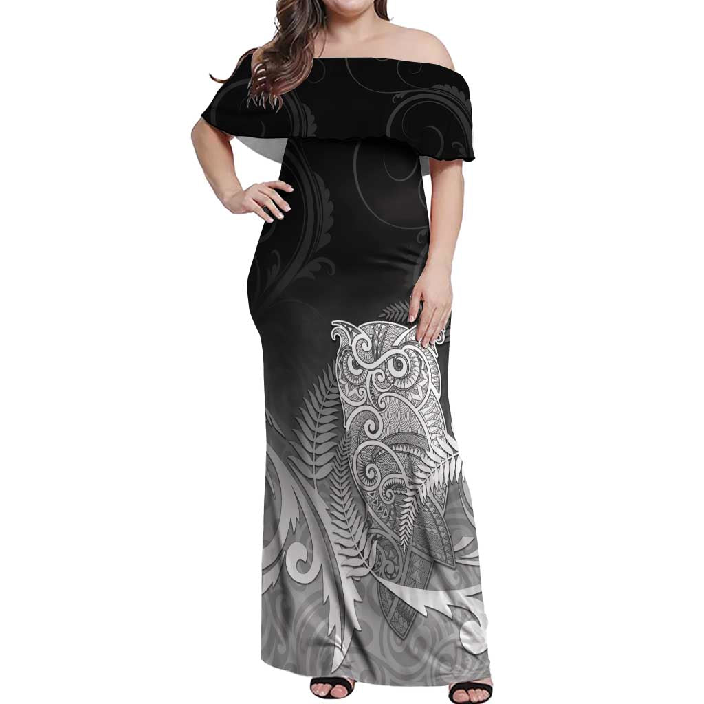 New Zealand Aotearoa Ruru Off Shoulder Maxi Dress Maori Fern Art Black LT05 Women Black - Polynesian Pride